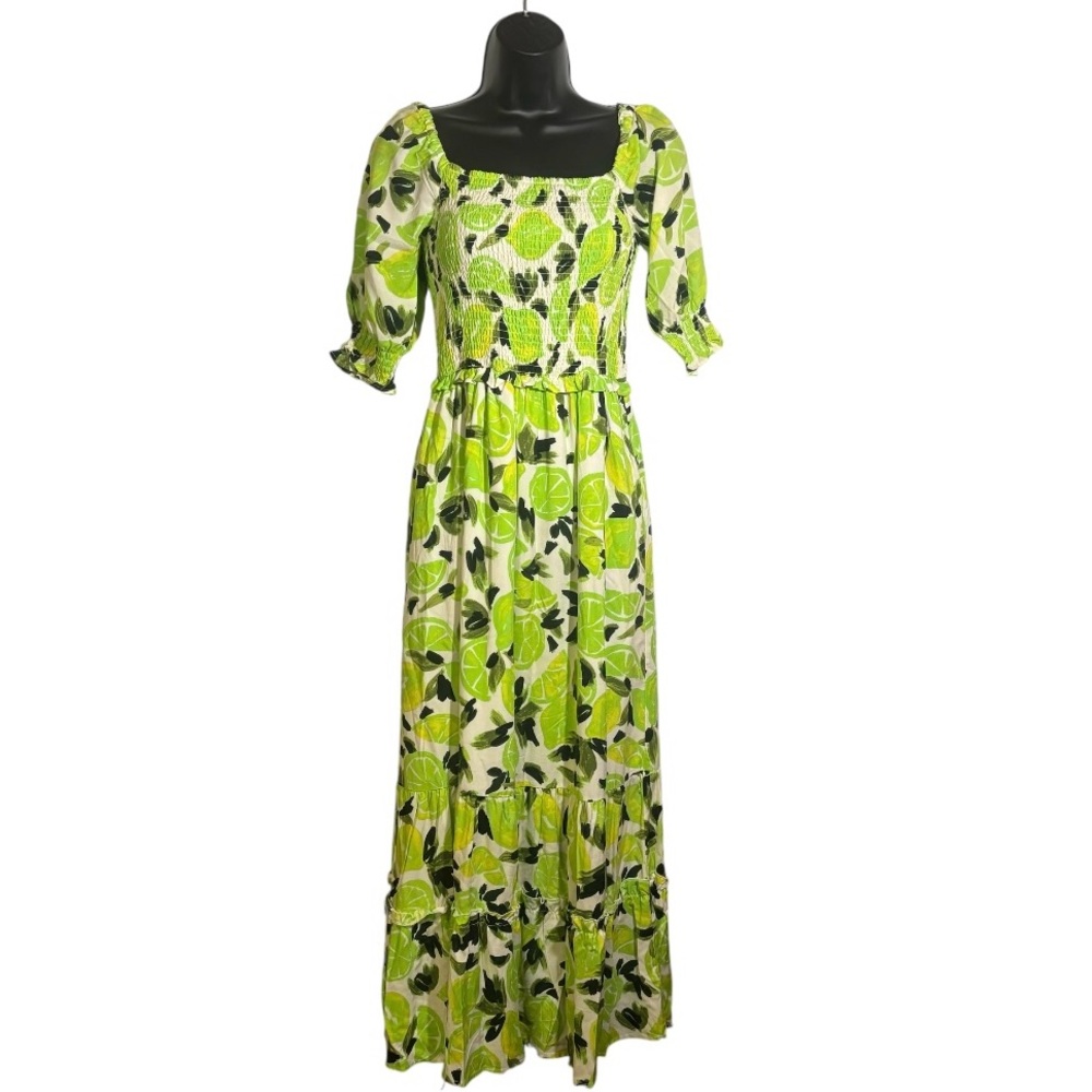 Steve Madden Midi Dress Square Neck Tiered Ruffle Sunny Lime Challis Size Small